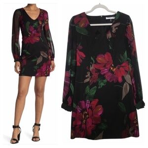 Trina Turk Dress 6 Gibb Cocktail Floral Silk Sheer Balloon Sleeve mini body con